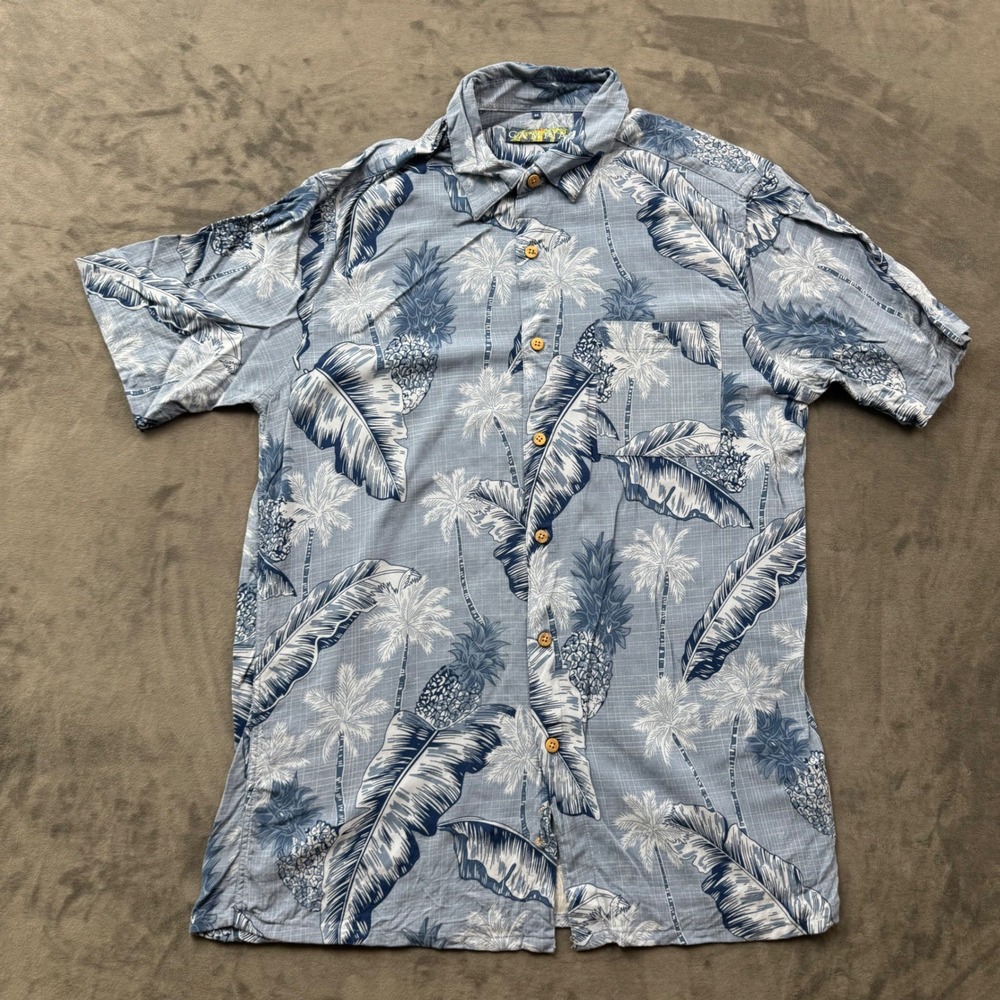 Campia Mens Medium Blue Tropical Pineapple Palm Leaf Hawaiian Button Down Shirt